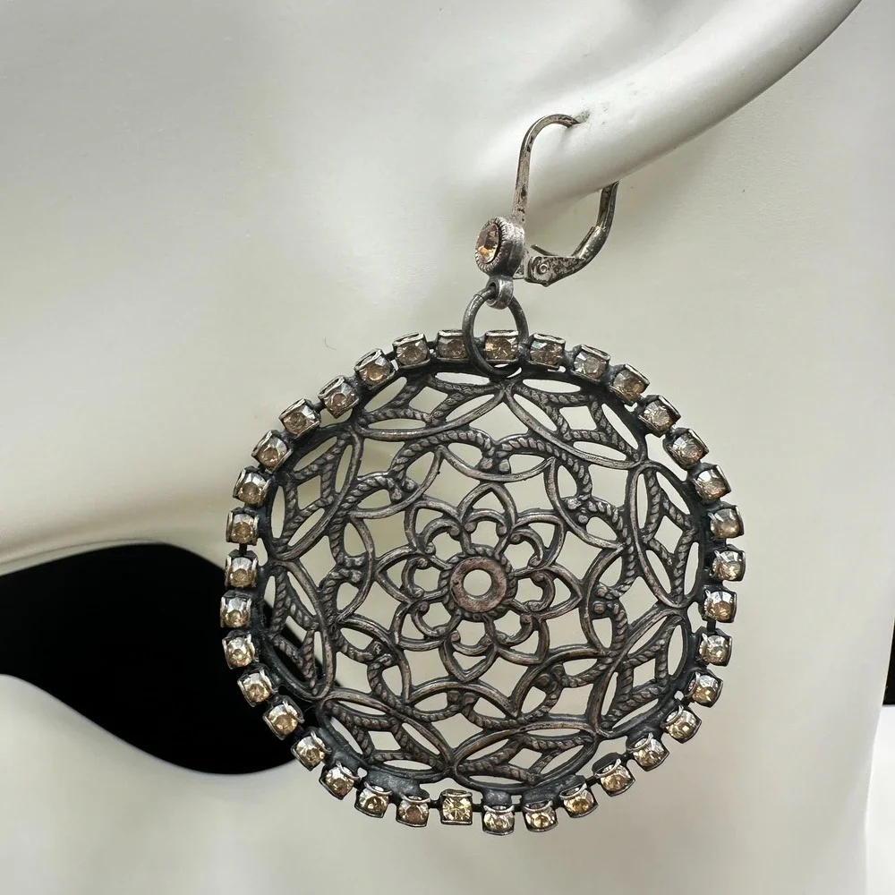 VTG‎ Oxidized Dangle Earrings Brown Rhinestone Filigree Flower Circle Statement